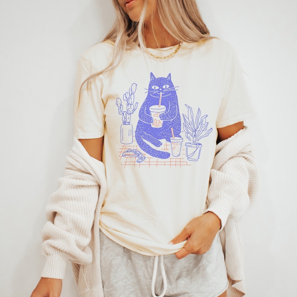 Quirky Blue Cat Drinking Graphic Tee Whimsical Line Art Design